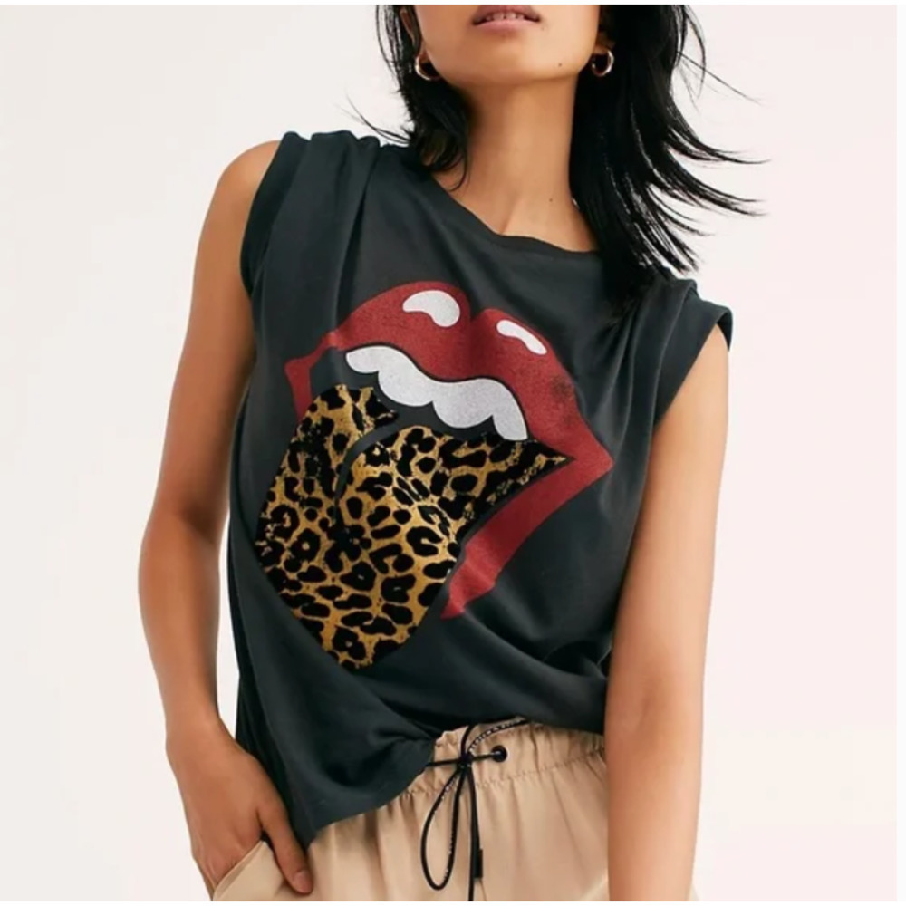 Free People Daydreamer Rolling Stones Flocked Leopard Tongue Tee Shirt